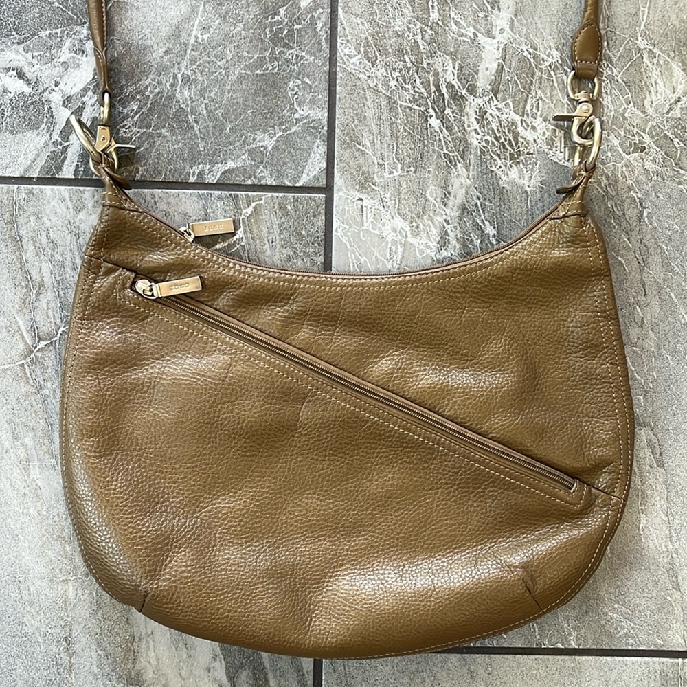 🤎 Hobo International Large Leather Tan / Gold / Grey Bag Long Strap